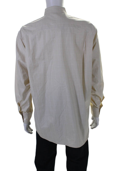 Brioni Mens Button Front Collared Check Glen Plaid Shirt Beige Cotton Size Large