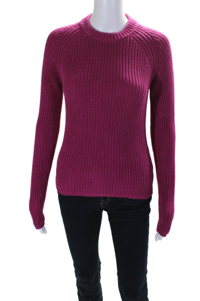 525 Womens Long Sleeve Crew Neck Crochet Knit Sweater Pink Cotton Size XS