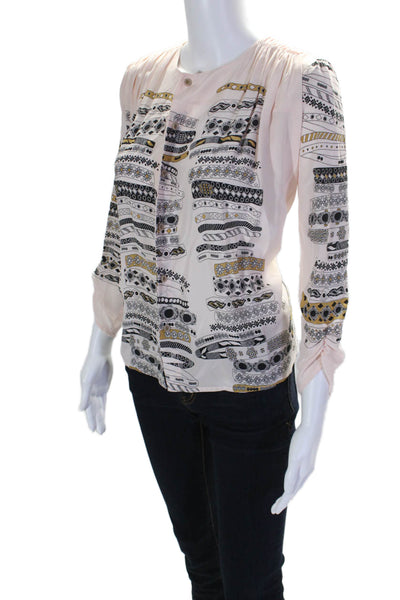 Cory Womens 3/4 Sleeve Button Front Crew Neck Printed Silk Top Pink Size 2