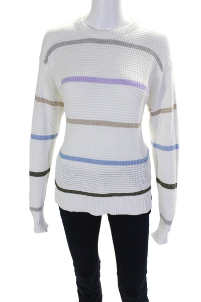 Michael Stars Womens Long Sleeve Crew Neck Waffle Knit Striped Sweater White XS