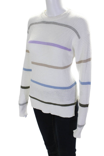 Michael Stars Womens Long Sleeve Crew Neck Waffle Knit Striped Sweater White XS