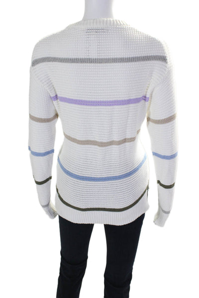 Michael Stars Womens Long Sleeve Crew Neck Waffle Knit Striped Sweater White XS