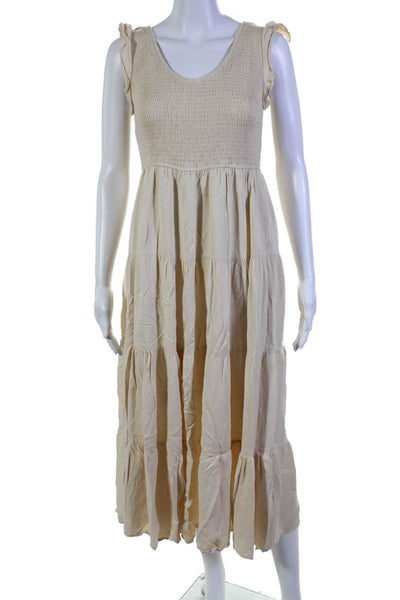 Pretty Garden Womens Smocked V Neck Sleeveless A Line Maxi Dress Beige Size Smal