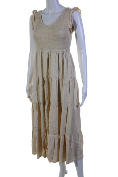 Pretty Garden Womens Smocked V Neck Sleeveless A Line Maxi Dress Beige Size Smal