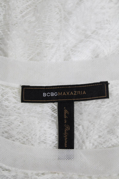 BCBGMAXAZRIA Women's Round Neck Long Sleeves Lace Trim Blouse White Size XXS