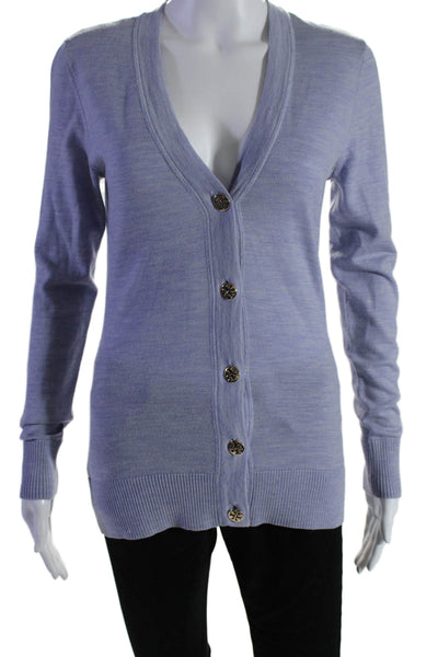 Tory Burch Womens Merino Wool V-Neck Button Up Cardigan Sweater Light Purple Siz