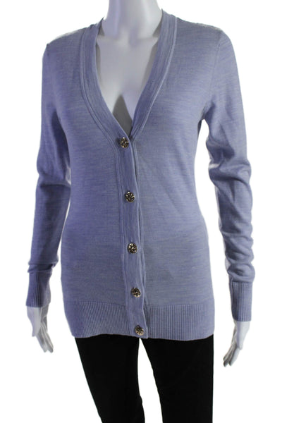 Tory Burch Womens Merino Wool V-Neck Button Up Cardigan Sweater Light Purple Siz