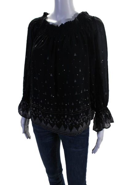 Joie Womens Silk Black Printed Beaded Off Shoulder Long Sleeve Blouse Top Size S