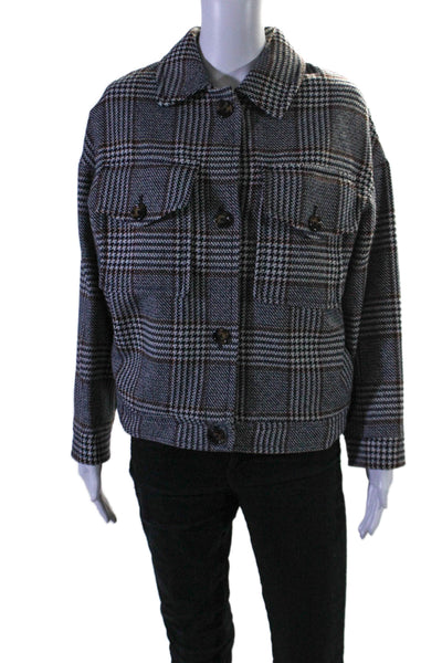 MNG Womens Houndstooth Plaid Button Down Oversize Collared Jacket Navy Size XS