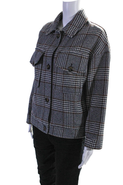 MNG Womens Houndstooth Plaid Button Down Oversize Collared Jacket Navy Size XS