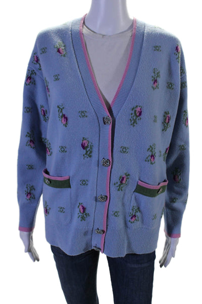 Chanel Womens Cashmere Floral Print Jeweled Buttoned Cardigan Blue Size EUR 40