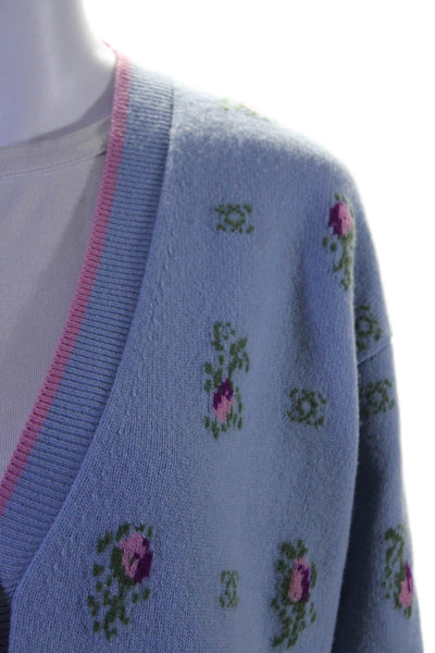 Chanel Womens Cashmere Floral Print Jeweled Buttoned Cardigan Blue Size EUR 40