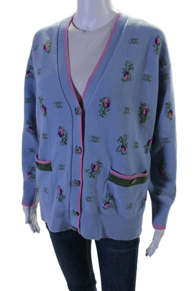 Chanel Womens Cashmere Floral Print Jeweled Buttoned Cardigan Blue Size EUR 40