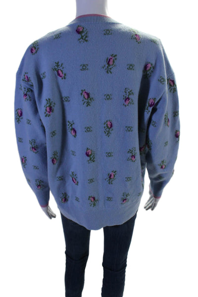 Chanel Womens Cashmere Floral Print Jeweled Buttoned Cardigan Blue Size EUR 40