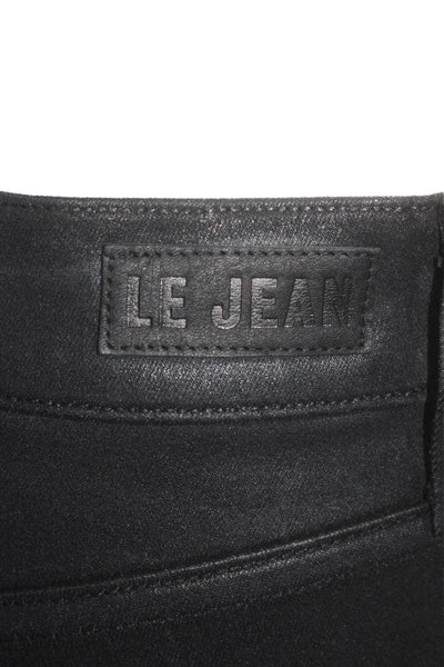 Le Jean Womens Cotton Textured Zip Button Straight Leg Shiny Jeans Black Size EU