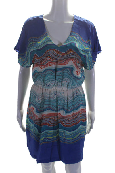 Trina Turk Womens Short Sleeve V Neck Wavy Silk Shift Dress Blue Multi Size 6