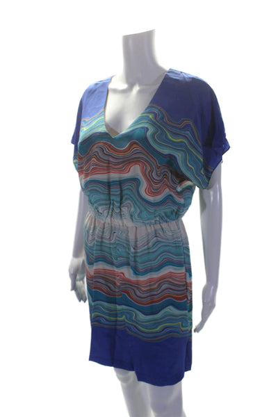 Trina Turk Womens Short Sleeve V Neck Wavy Silk Shift Dress Blue Multi Size 6