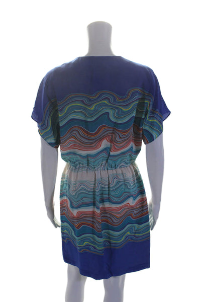 Trina Turk Womens Short Sleeve V Neck Wavy Silk Shift Dress Blue Multi Size 6