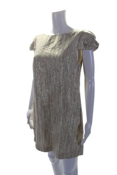 Tibi Womens Back Zip Short Sleeve Metallic Shift Dress Gold Tone White Size 6