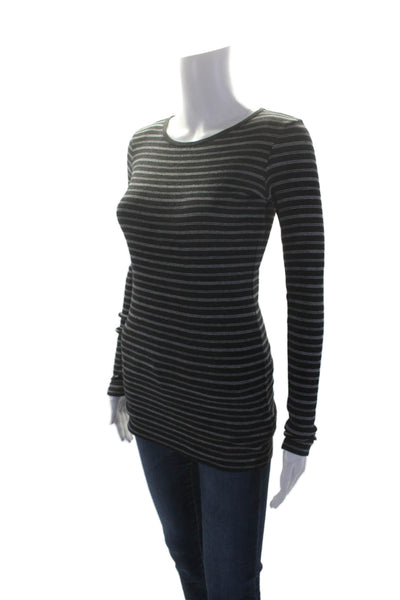 Vince Womens Long Sleeve Scoop Neck Striped Tee Shirt Gray Cotton Size Small