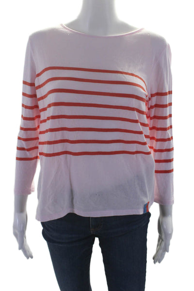 Kule Womens 3/4 Sleeve Scoop Neck Striped Tee Shirt Pink Red Cotton Size Small