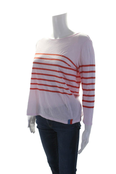 Kule Womens 3/4 Sleeve Scoop Neck Striped Tee Shirt Pink Red Cotton Size Small