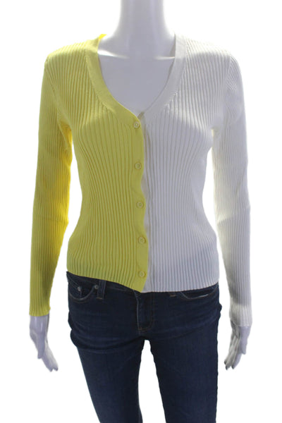 Staud Womens Ribbed Two-Toned v-nECK Button Up Cardigan Sweater Yellow Size S