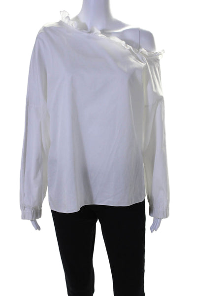 Tibi Womens Cotton Long Sleeve Scoop Neck Ruffle Trim Blouse White Size S