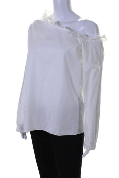 Tibi Womens Cotton Long Sleeve Scoop Neck Ruffle Trim Blouse White Size S