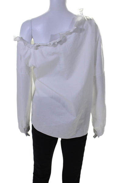 Tibi Womens Cotton Long Sleeve Scoop Neck Ruffle Trim Blouse White Size S