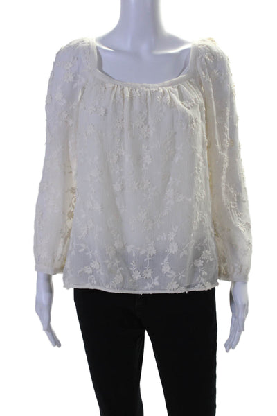 Rebecca Taylor Womens Cotton Silk Blend White Floral Textured Blouse Top Size M