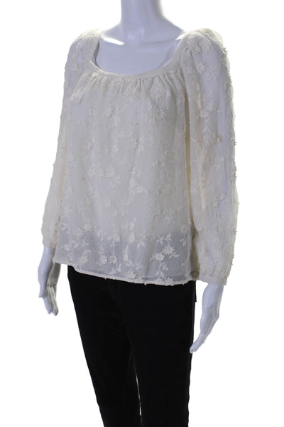 Rebecca Taylor Womens Cotton Silk Blend White Floral Textured Blouse Top Size M