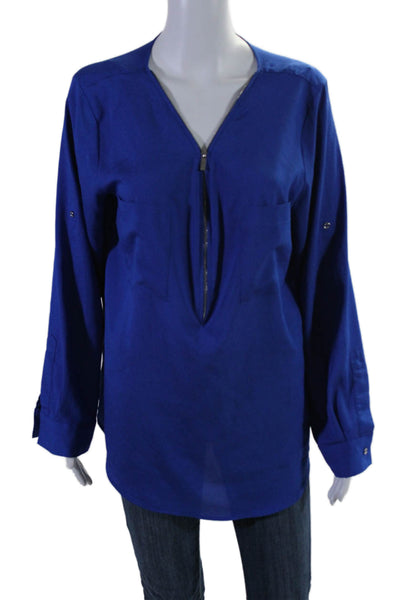 Calvin Klein Womens V Neck Long Sleeved Zipped Closure Blouse Blue Size L