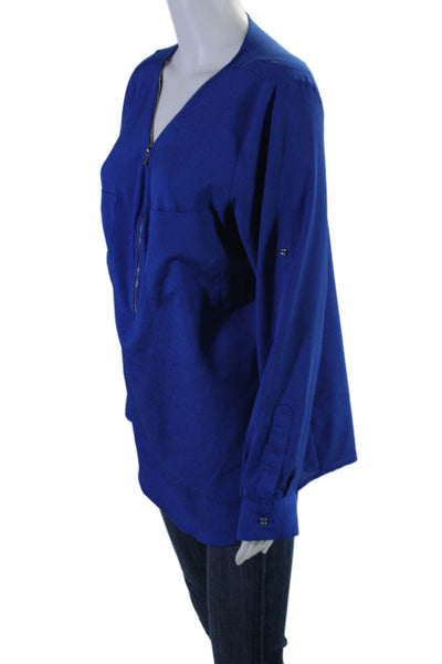 Calvin Klein Womens V Neck Long Sleeved Zipped Closure Blouse Blue Size L