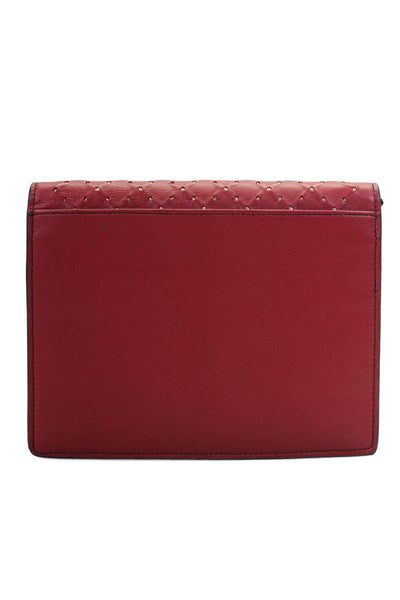 Bottega Veneta Womens Leather Metallic Woven Buttoned Zip Clutch Handbag Red