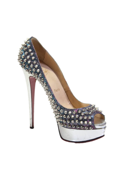 Christian Louboutin Womens Leather Studded Peep Toe Pumps Silver Size 38 8