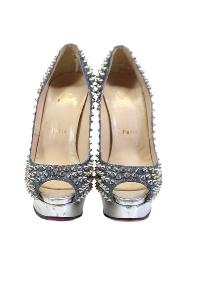 Christian Louboutin Womens Leather Studded Peep Toe Pumps Silver Size 38 8