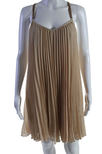 BCBGMAXAZRIA Women's Spaghetti Leather Straps Pleated Mini Dress Tan Size S