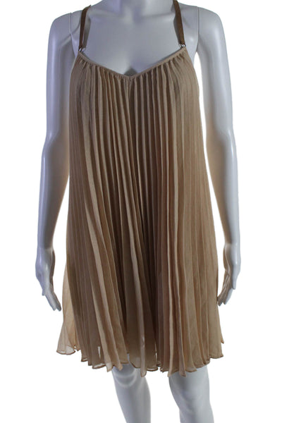 BCBGMAXAZRIA Women's Spaghetti Leather Straps Pleated Mini Dress Tan Size S