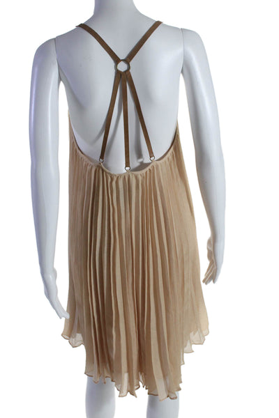 BCBGMAXAZRIA Women's Spaghetti Leather Straps Pleated Mini Dress Tan Size S