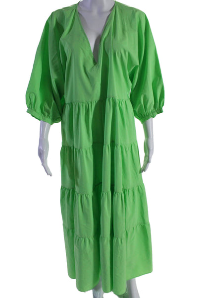 Zara Women's V-Neck Short Sleeves Tiered Maxi Dress Dress Green Size M