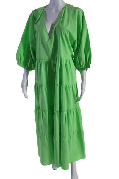 Zara Women's V-Neck Short Sleeves Tiered Maxi Dress Dress Green Size M