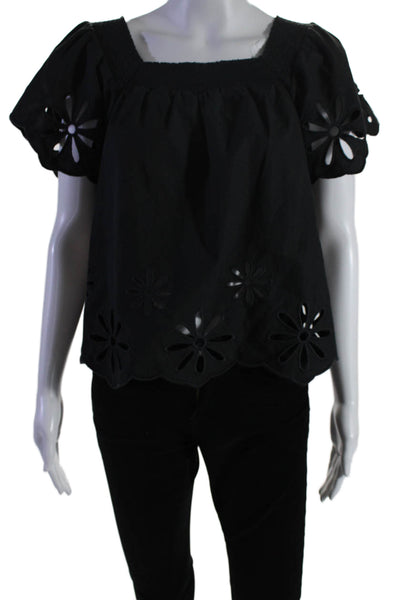 Rails Womens Cotton Blend Embroidered Short Sleeve Blouse Top Black Size S