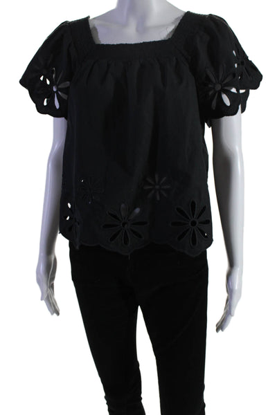 Rails Womens Cotton Blend Embroidered Short Sleeve Blouse Top Black Size S