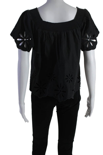 Rails Womens Cotton Blend Embroidered Short Sleeve Blouse Top Black Size S