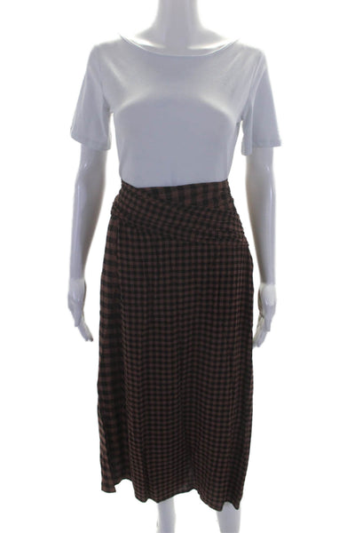 A.L.C. Womens Brown Gingham Print Drape Detail Midi Skirt Size 6