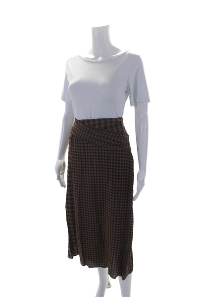 A.L.C. Womens Brown Gingham Print Drape Detail Midi Skirt Size 6