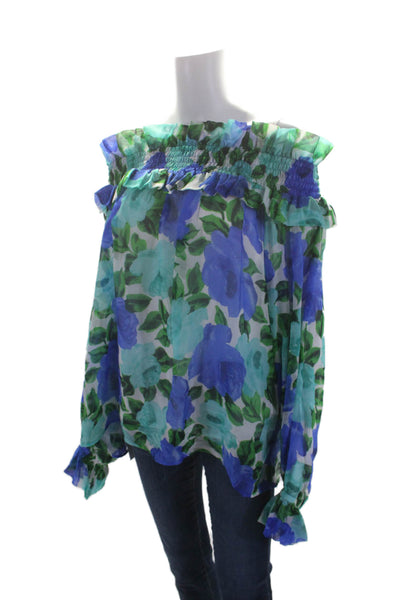 Parosh Womens Silk Floral Print Long Sleeves Blouse White Blue Size Large