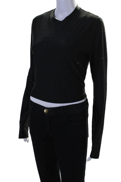 Frame Womens Black Studded Detail Crew Neck Long Sleeve Crop Blouse Top Size M