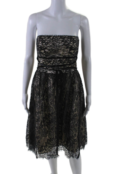 Shoshanna Womens Lace Strapless High Waist A Line Dress Black Beige Size 8